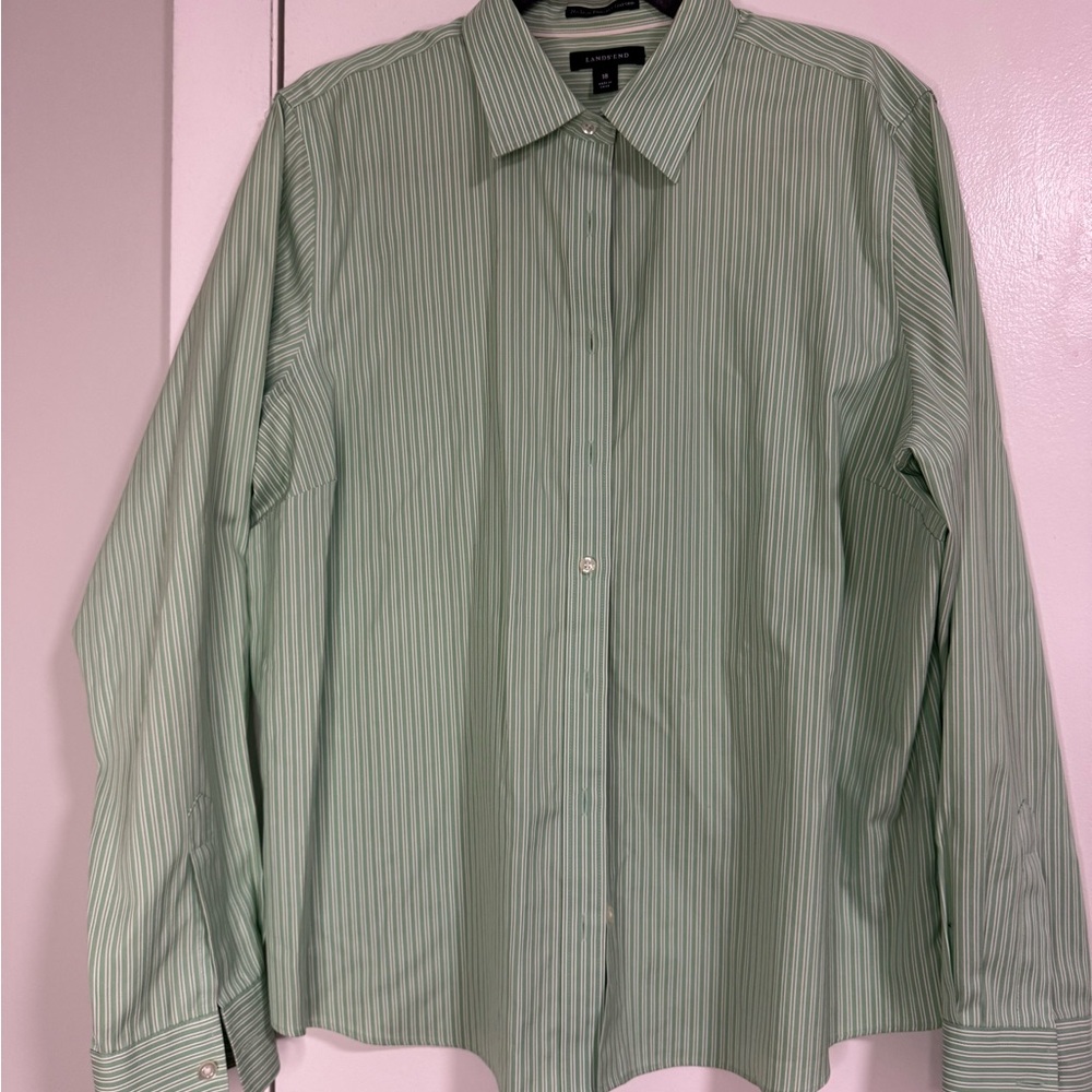Lands’ End Women’s Green Striped Button Down Shirt Long Sleeve